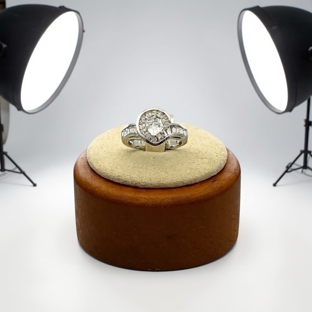Sterling Silver 925 Pear Cut CZ Halo Ring Baguette Accents Size 9 5g